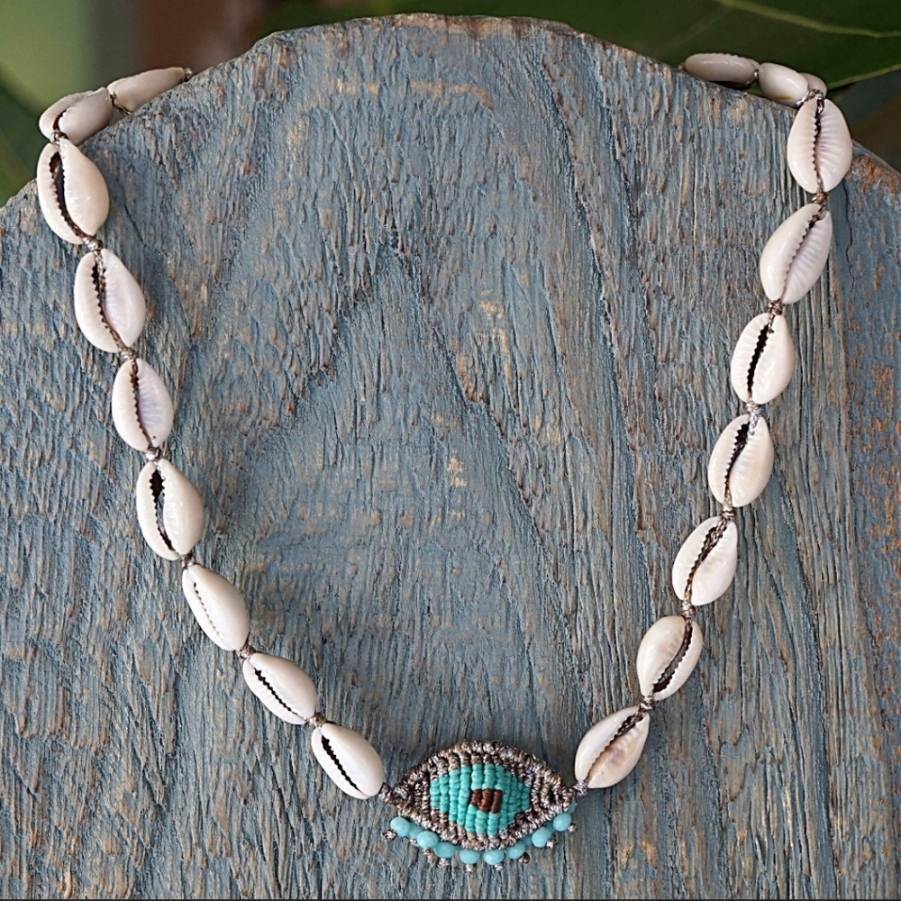 Turquoise and Cream Evil Eye Pendent Cowrie Shell Necklace